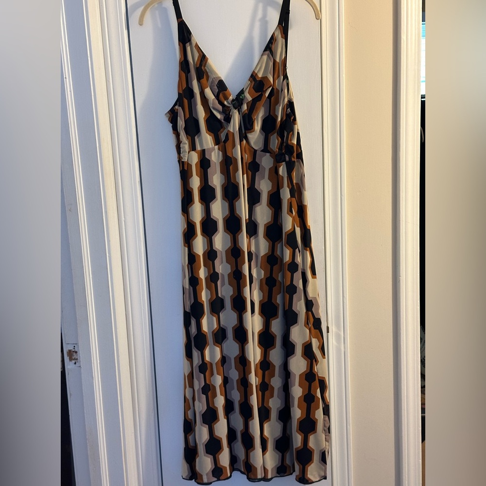CAbi Geo Black and Tan Midi Dress. This dress is reversible. Org $158.